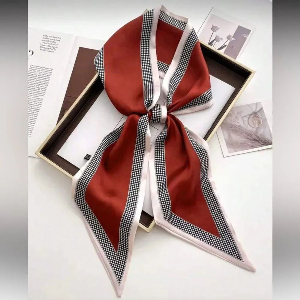 Ribbon Scarf with Checkered Trim A1576